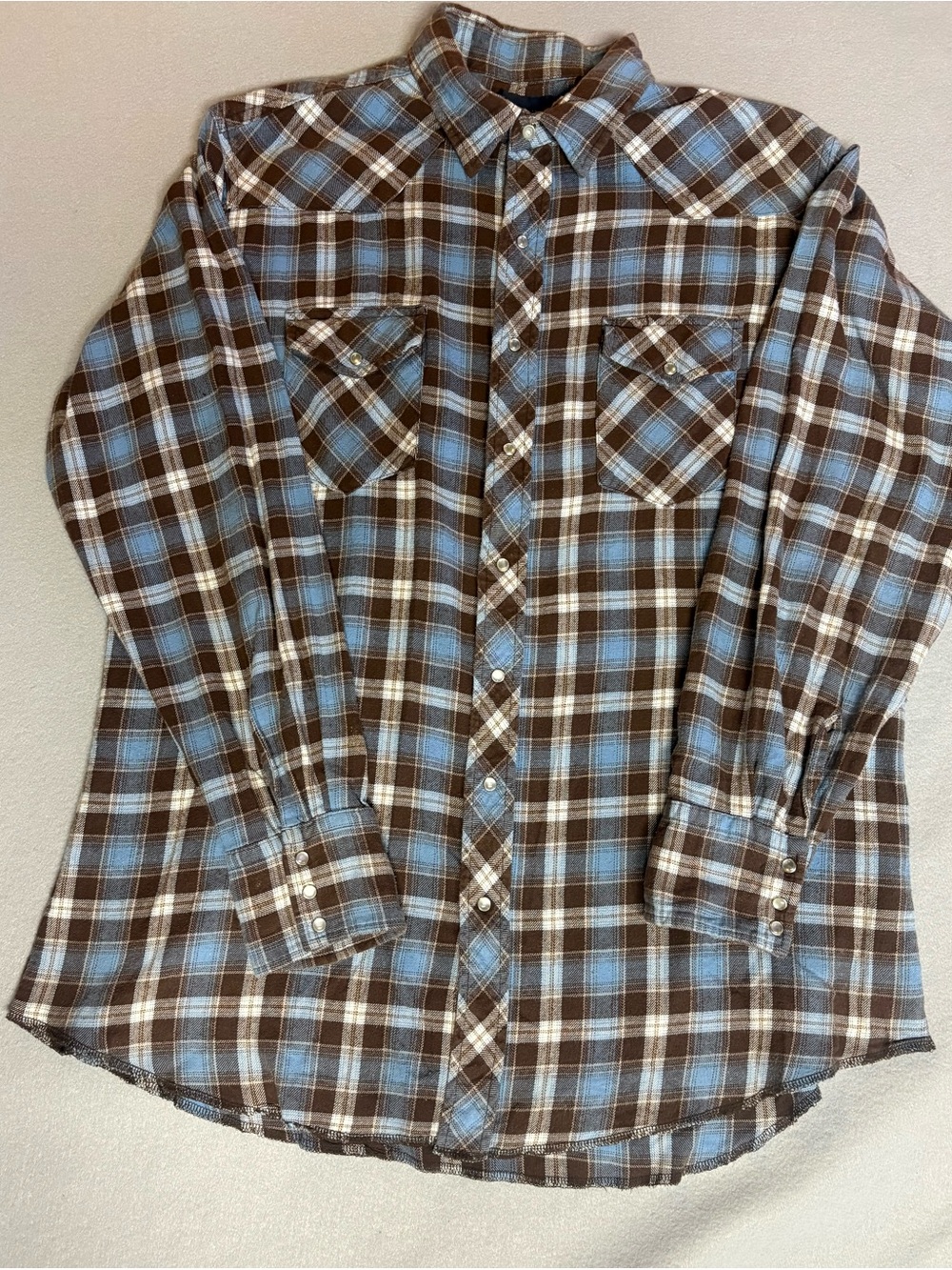 Wrangler Brown and Light Blue Plaid Button-Down Shirt XLT